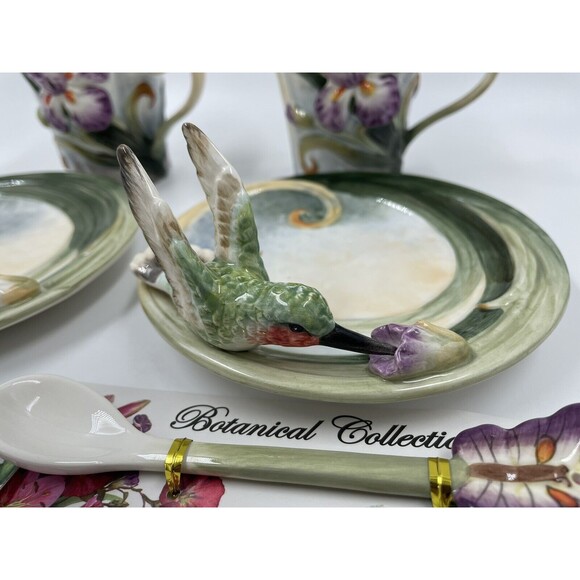 2-PC CORNER RUBY BOTANICAL COLLECTION COLIBRI TEA CUP  W BUTTERFLY SPOON SET N06 - Picture 6 of 10